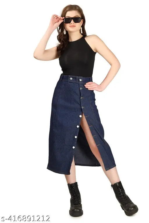 Denim long blue state skirt for women & girls, button-side split, solid pattern