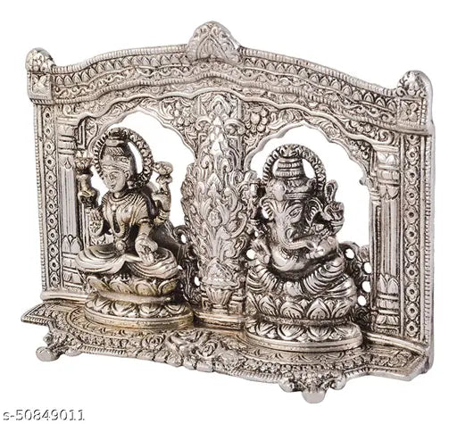 Silver Oxide Metal Ganesh-Laxmi Idol Statue (8x6 inch), adorned with frame decoration for pooja showpiece. Lustrous and intricate, perfect for home or office temples