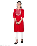 Red embroidered rayon straight kurta for girls, three-quarter sleeves, India origin