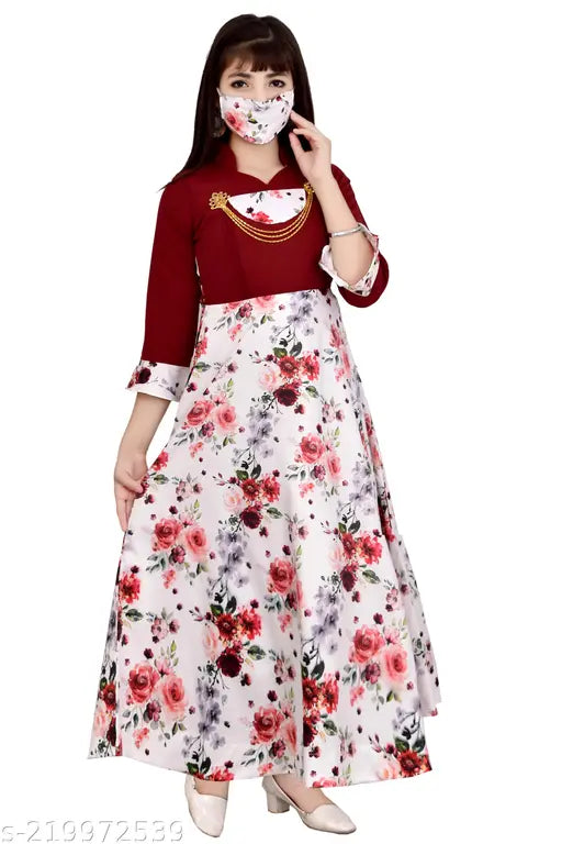 Maroon three-quarter sleeve cotton blend maxi dress for girls party wear, western style