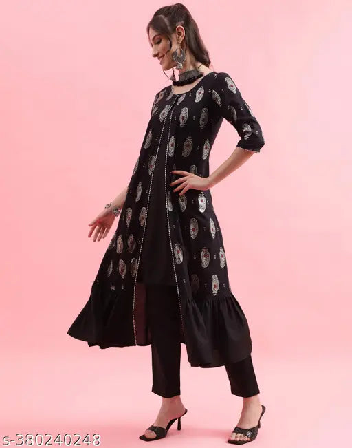 Black viscose rayon solid kurti for women, Indian handcrafted