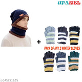 Woolen navy beanie cap with neck muffler & warm winter gloves, ideal for cold weather