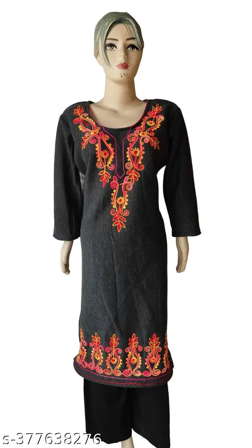 Black women's woolen aari-threaded traditional long dress with embroidery