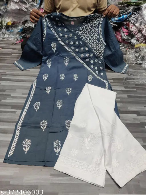 Grey cotton Lucknowi chikan embroidered kurti with matching palazzos, three-quarter sleeve length, pack of 2 (M-38", L-40") - Indian traditional women's fashion