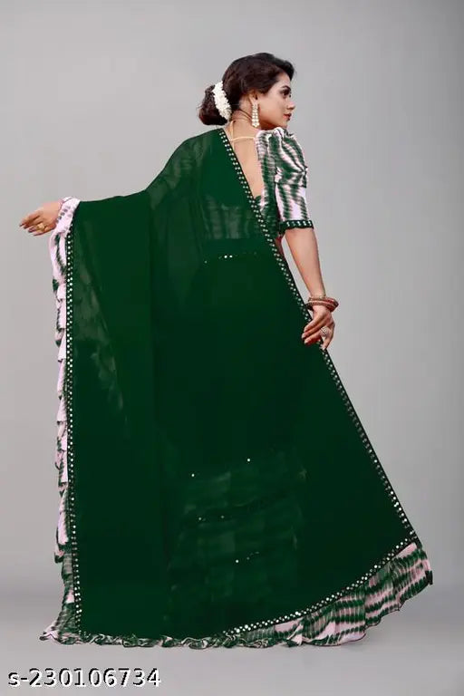 Shibori Print Ruffle Georgette Trending Saree, Ethnic Cotton Fashion, Daily Wear, Party Wear, Chiffon, South Latest Saree, Rajasthani, Ready-to-Wear, Bihari Banarasi, Bollywood Inspired