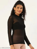 Black net full-sleeve top, women's casual solid style from Anvi, size L for a bust size of 38in and length size of 24in