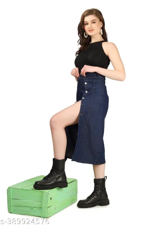 Dark blue denim skirt with button closure, long length, women's fashion