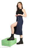 Dark blue denim skirt with button closure, long length, women's fashion