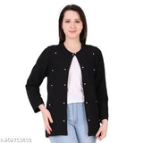 Pearl-heavy, cotton blend front open sweater jacket for women and girls - warm, embellished net pattern, free size