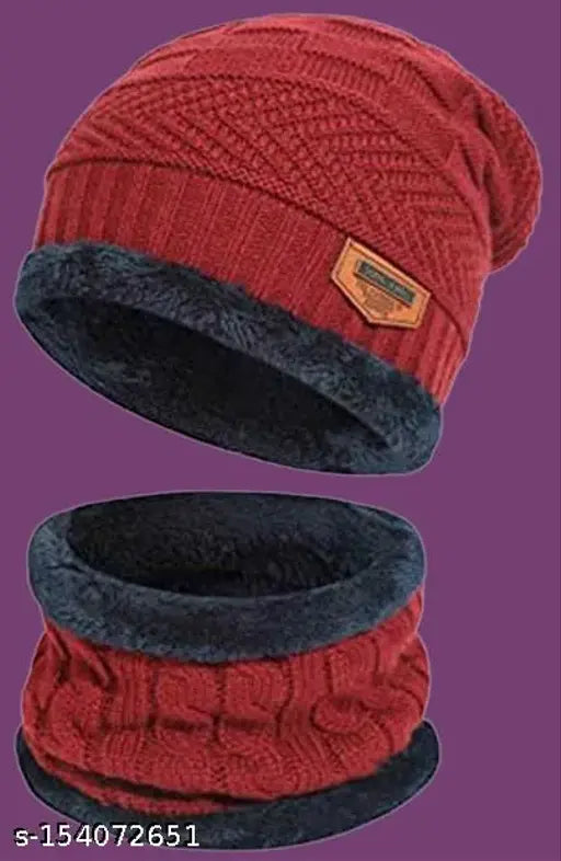 Red knit beanie with faux fur cuffs, black tag