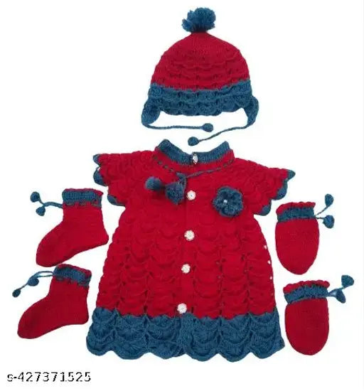 Girl Sweater Set with one Cap, one Pair Mittens and one Pair Socks Hand Knitted by Wool Colour red and grey