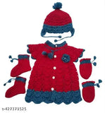 Girl Sweater Set with one Cap, one Pair Mittens and one Pair Socks Hand Knitted by Wool Colour red and grey