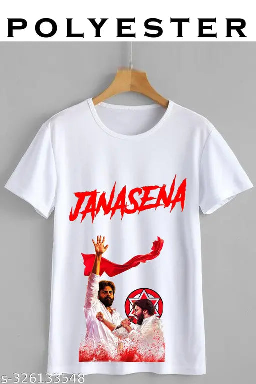 Printed net polyester short-sleeve shirt, "Pawan Kalyan Janasena" design, Indian origin
