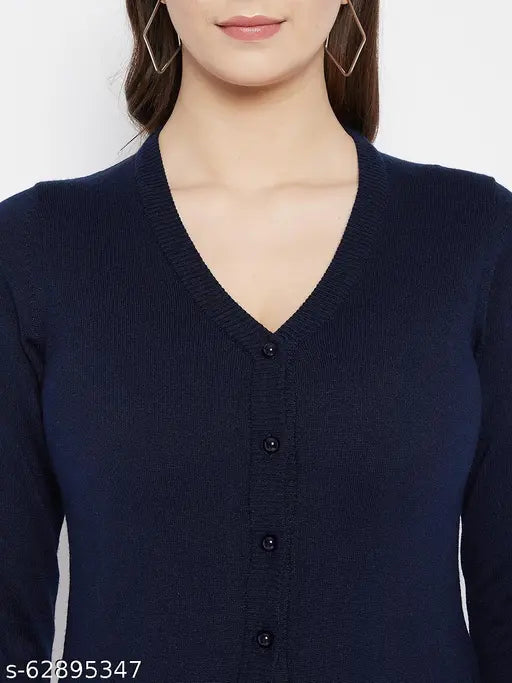 Woolen navy blue V-neck sweater for women with long sleeves, solid pattern, available in sizes M, L, XL, XXL