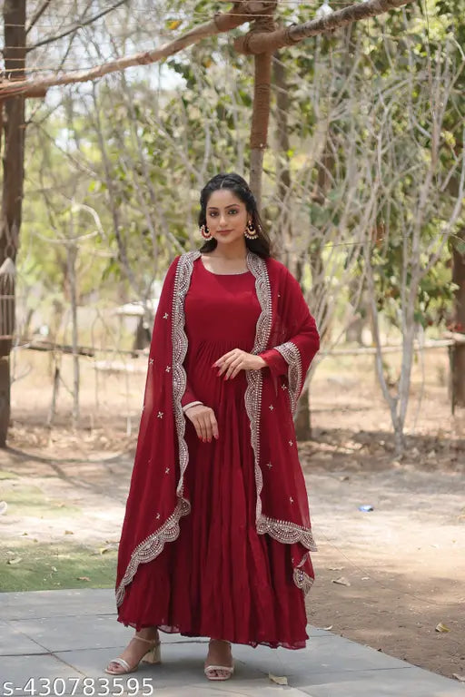 White georgette Anarkali Kurta set with dupatta, Indian women's fashion featuring gold embellishments, single size options available