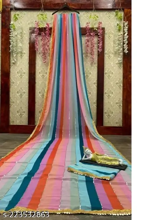 Colorful traditional Indian bridal sari in rainbow stripes, blue and red border