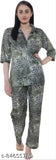 Green animal print satin & polycotton Cotovia pyjama set with three-quarter sleeves