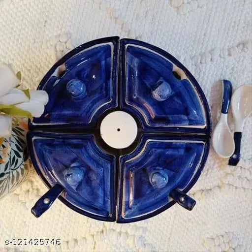 Niyara ceramic handpainted multipurpose storage containers. Set of 5 blue jars with lids, salt dispenser, and tray