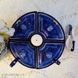 Niyara ceramic handpainted multipurpose storage containers. Set of 5 blue jars with lids, salt dispenser, and tray