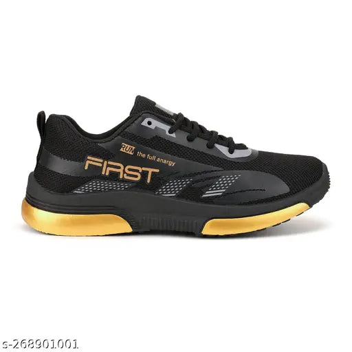Stylish black sports shoes with yellow accents, suitable for kids' feet
