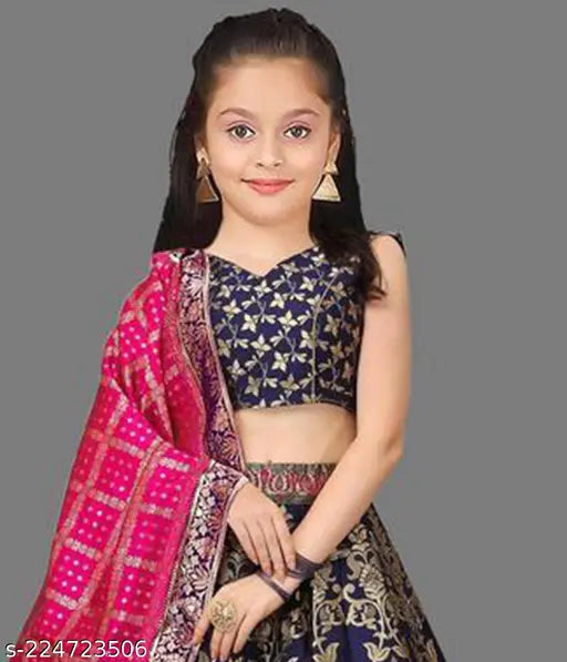 Sleeveless silk lehenga choli set with zari woven pattern, featuring jacquard fabric dupatta. Indian ethnic wear for girls aged 6-12 years