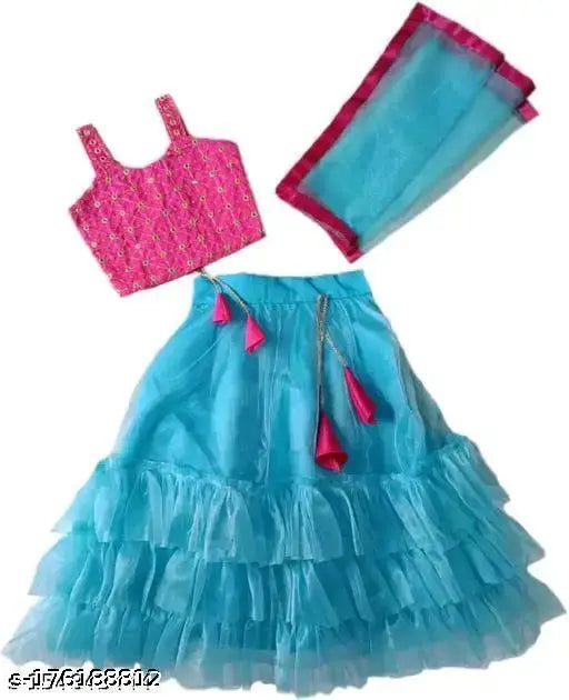 Designer satin lehenga choli with net dupatta for girls, light blue, sleeveless, stitched net, party wear, India