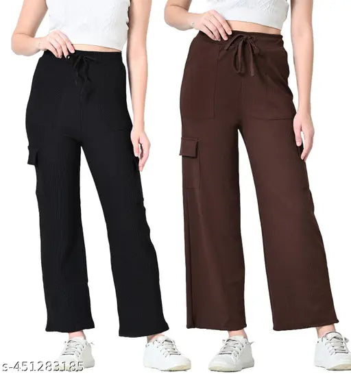 Trendy solid cotton blend 4-pocket cargo pants combo (2 units), high waist with pockets, women's and girls sizes XS-XXL, India origin