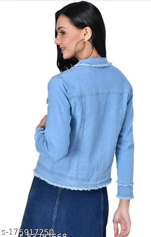 Blue denim teen patti jacket for women, solid pattern, long sleeves, size S (34in bust, 21in length)