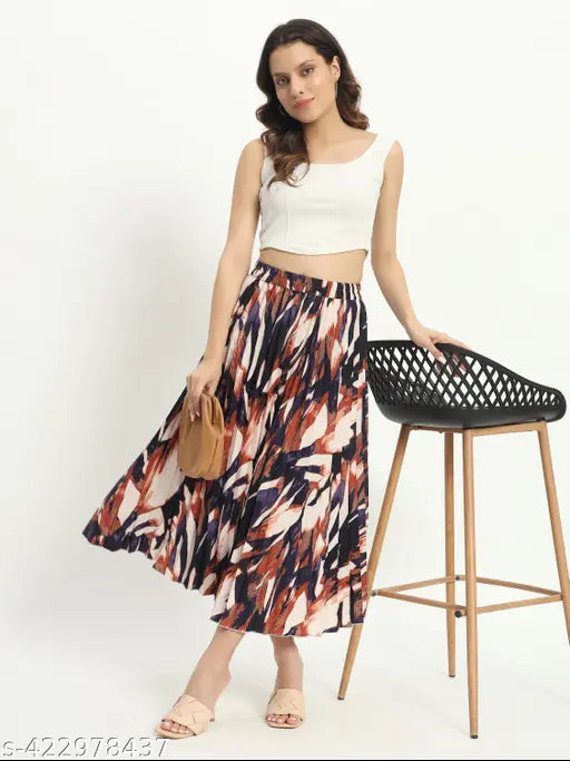 Woman wearing a colorful, pleated skirt with flared design