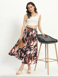 Woman wearing a colorful, pleated skirt with flared design