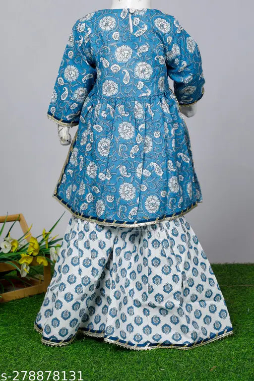 Spack Jerrow floral printed cotton kurti sharara set for baby girls. Vibrant, ethnic, Indian festival wear made from Cambric cotton, suitable for Diwali, Janmashtami, Rakhi." (123 characters)
