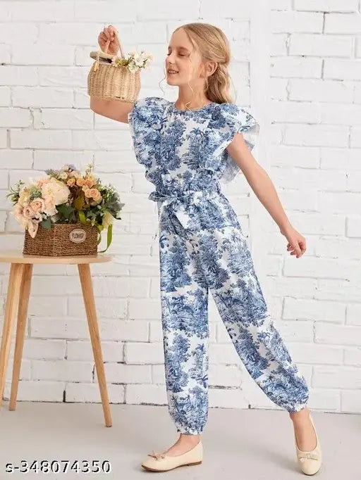 Blue and white print jumpsuit, girls' trendy fashion jumpsuit