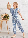 Blue and white print jumpsuit, girls' trendy fashion jumpsuit