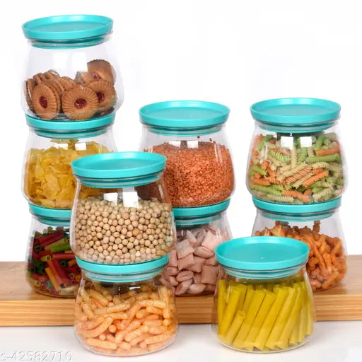 Plastic air-tight storage jar set for groceries, tea, coffee, sugar, spices. Blue container with 900ml capacity and clear lids