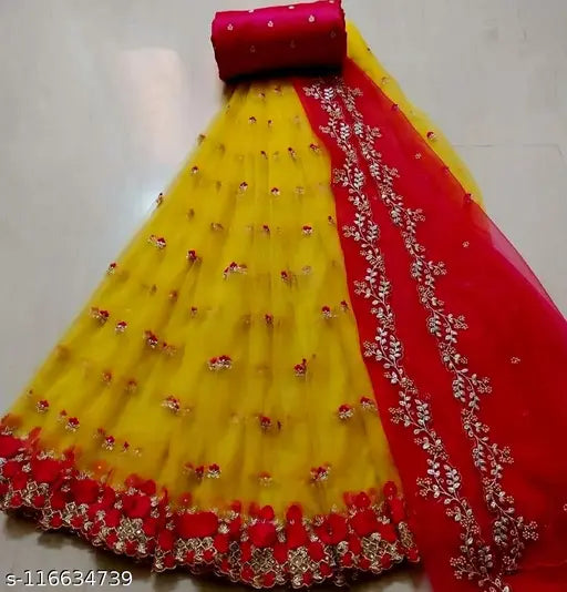 Silk & net embroidered choli and dupatta set, semi-stitched (LW: 43in, LL: 43in, Dupatta L: 2.5in), Indian traditional Lehenga Choli