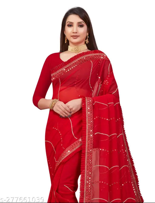 Red lace sari with sequin embroidery, 9mm border, georgette material