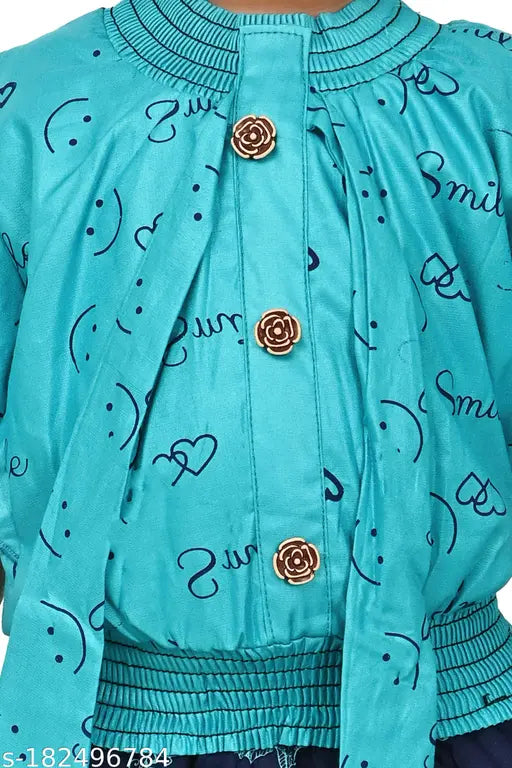 Teal satin fabric with brown buttons, short sleeves