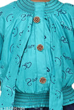 Teal satin fabric with brown buttons, short sleeves