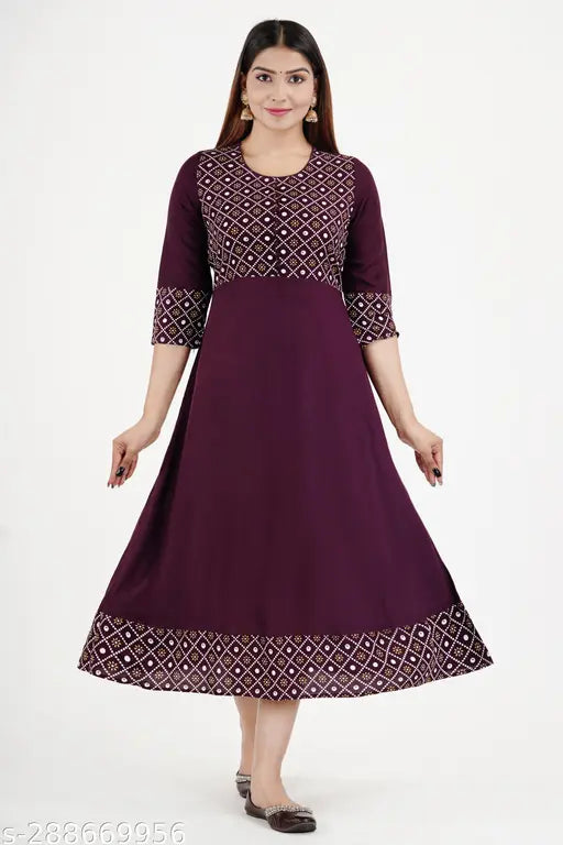 Maroon printed flared women's kameez, embroidered borders, casual wear