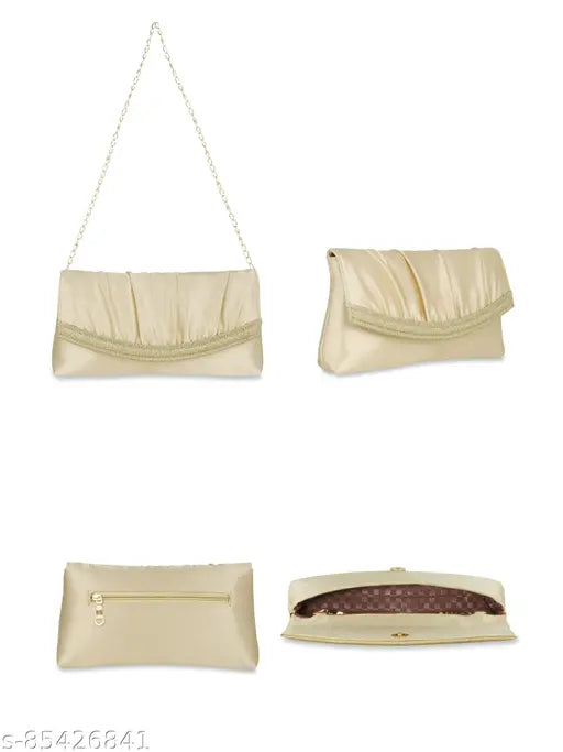 Cream clutch wallet purse with metal zipper and adjustable shoulder strap for a woman