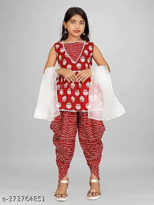 Cotton printed foil print Kurta and Dhoti set with dupatta for girls, Indian fashion top and dhoti in sleeveless design, size 4-5 years