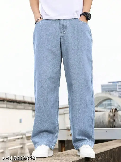 Men's baggy denim blue jeans - solid pattern, 1 quantity, sizes 28, 30, 32 (waist 28in/30in/32in, length 37in/38in/38in, hip 35in/37in/39in), origin India