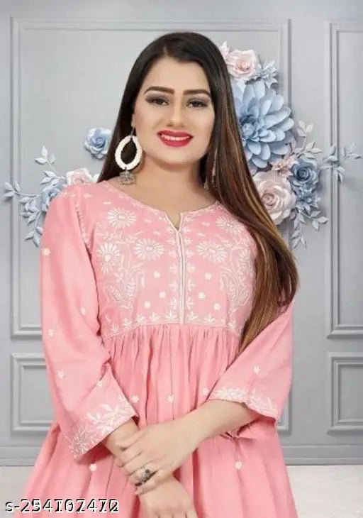 Pink rayon three-quarter sleeves top, solid pattern, sizes S3XL - versatile Indian fashion wear