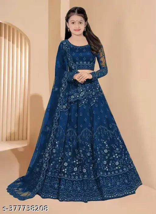 Girls ethnic net lehengha choli with dupatta set, blue embroidered design for 3-14 years old Indian wedding attire