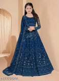 Girls ethnic net lehengha choli with dupatta set, blue embroidered design for 3-14 years old Indian wedding attire