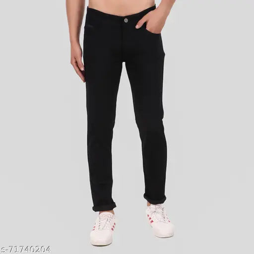 Black denim slim fit jeans for men by Mickey, durable and stretchable for casual or special occasions. Size: 28 (28waist/42length/34hip), also available in sizes 30, 32, 34. Made in India