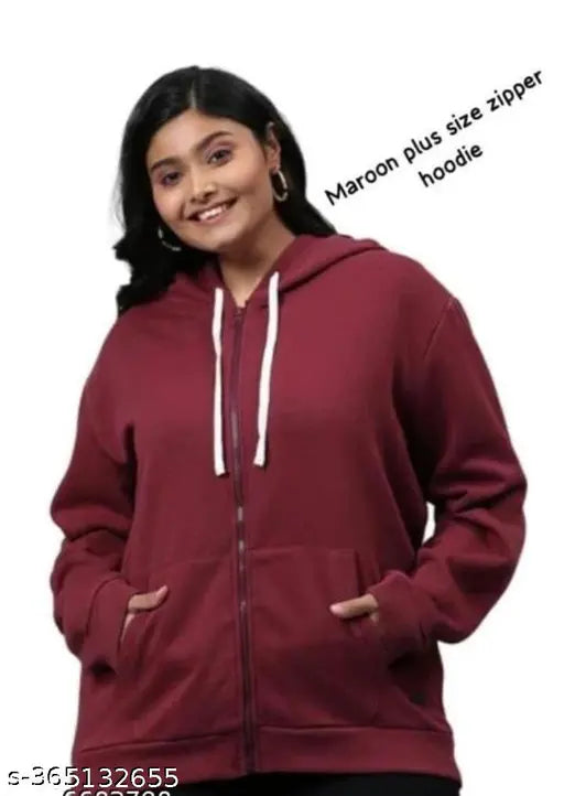 Maroon fleece zip-up hoodie, stylish plus size for women/girls, solid pattern, long sleeves