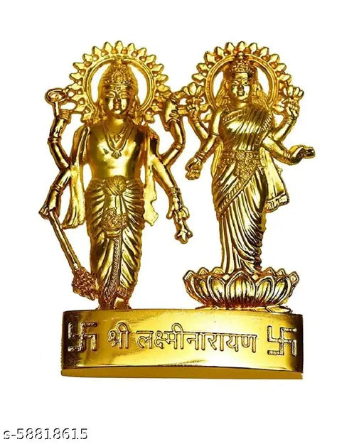 Metal Laxmi and Vishnu Ji Brass Idol Decorative Showpiece - 10 cm (Gold), Indian God idols on a display stand