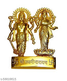 Metal Laxmi and Vishnu Ji Brass Idol Decorative Showpiece - 10 cm (Gold), Indian God idols on a display stand