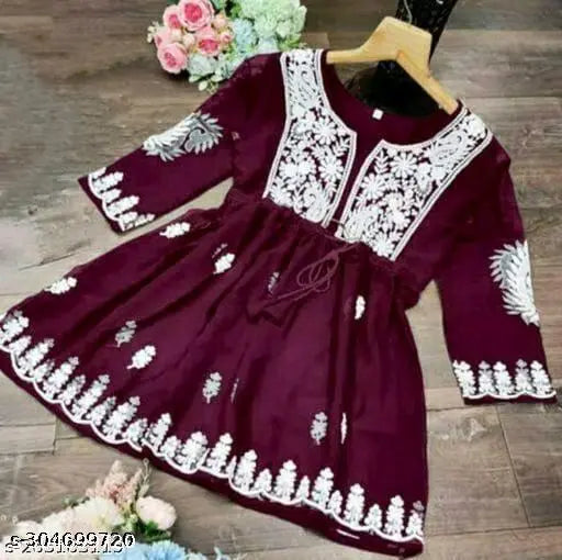 Georgette embroidered short kurtis in wine tone, three-quarter sleeves, S-XXXL sizes for party or casual wear